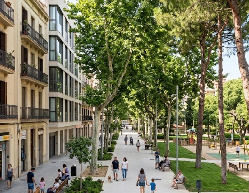 Vistas de las calles residenciales, los parques y bloques de pisos en El Baix Guinardó, Barcelona